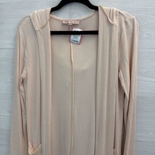 Philosophy Cream Ribbed Long Open Front Hooded Sweater Extra Small