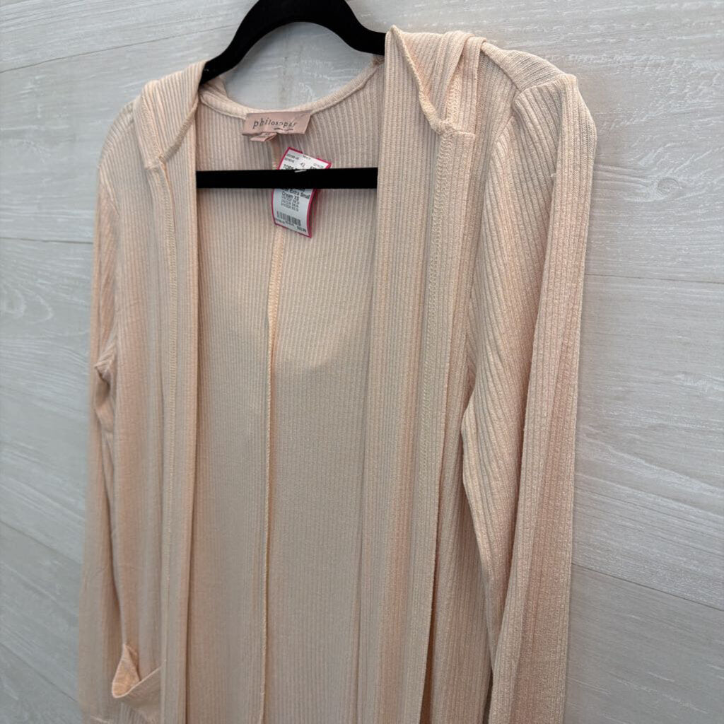 Philosophy Cream Ribbed Long Open Front Hooded Sweater Extra Small