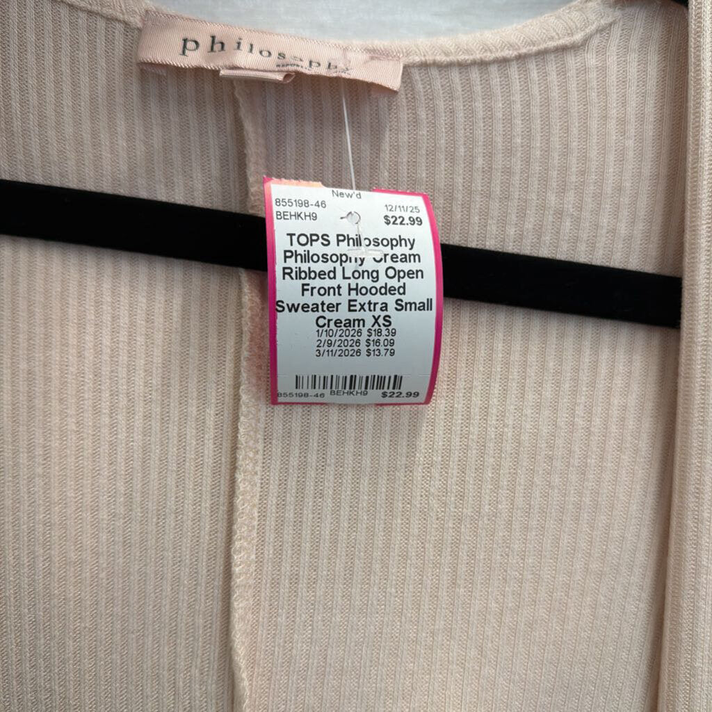 Philosophy Cream Ribbed Long Open Front Hooded Sweater Extra Small