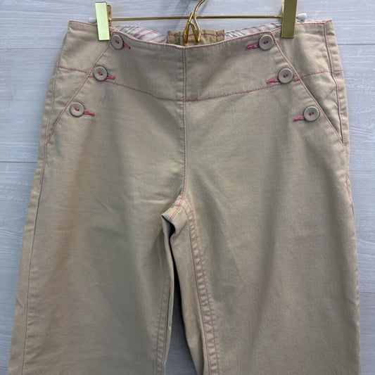 Free People Khaki/ Pink Stitch Wide Leg Front Button Cropped Pants 6