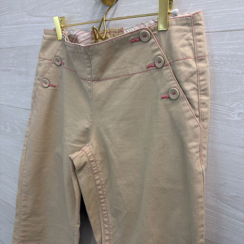Free People Khaki/ Pink Stitch Wide Leg Front Button Cropped Pants 6