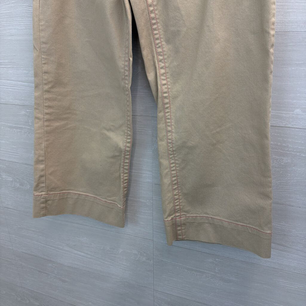 Free People Khaki/ Pink Stitch Wide Leg Front Button Cropped Pants 6