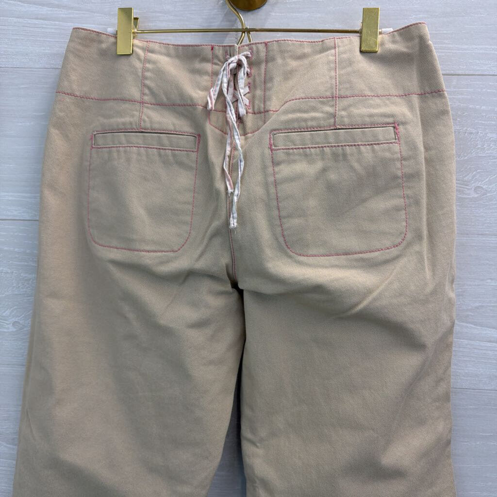 Free People Khaki/ Pink Stitch Wide Leg Front Button Cropped Pants 6