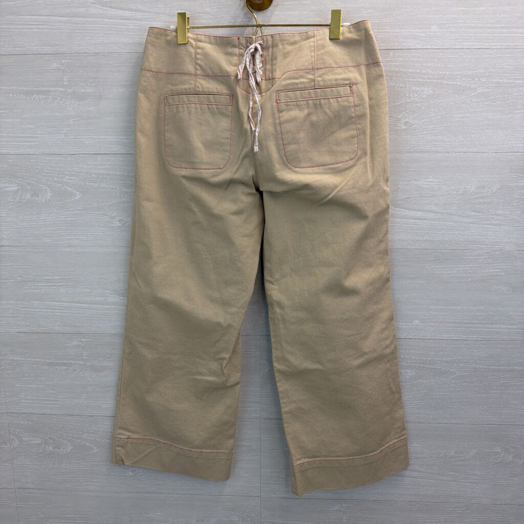 Free People Khaki/ Pink Stitch Wide Leg Front Button Cropped Pants 6