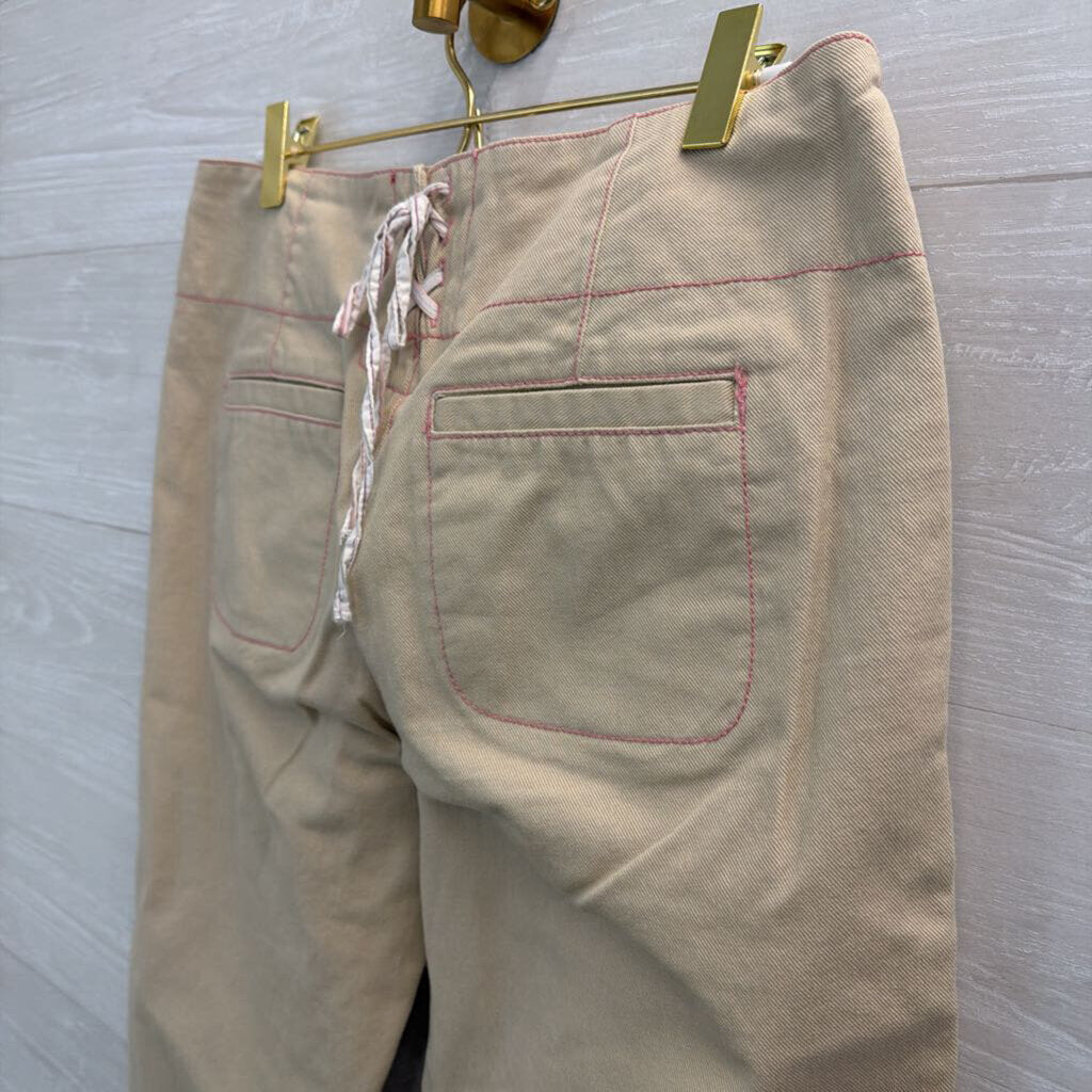 Free People Khaki/ Pink Stitch Wide Leg Front Button Cropped Pants 6