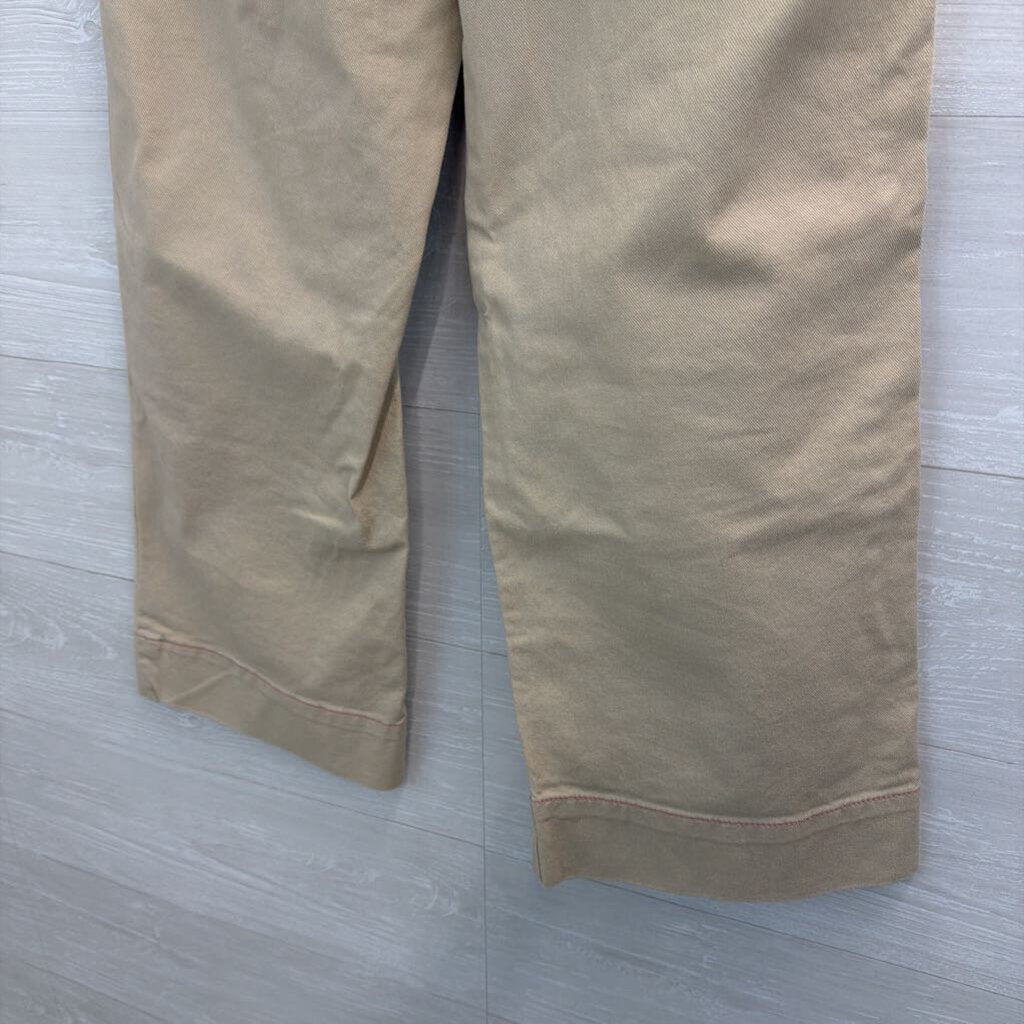 Free People Khaki/ Pink Stitch Wide Leg Front Button Cropped Pants 6