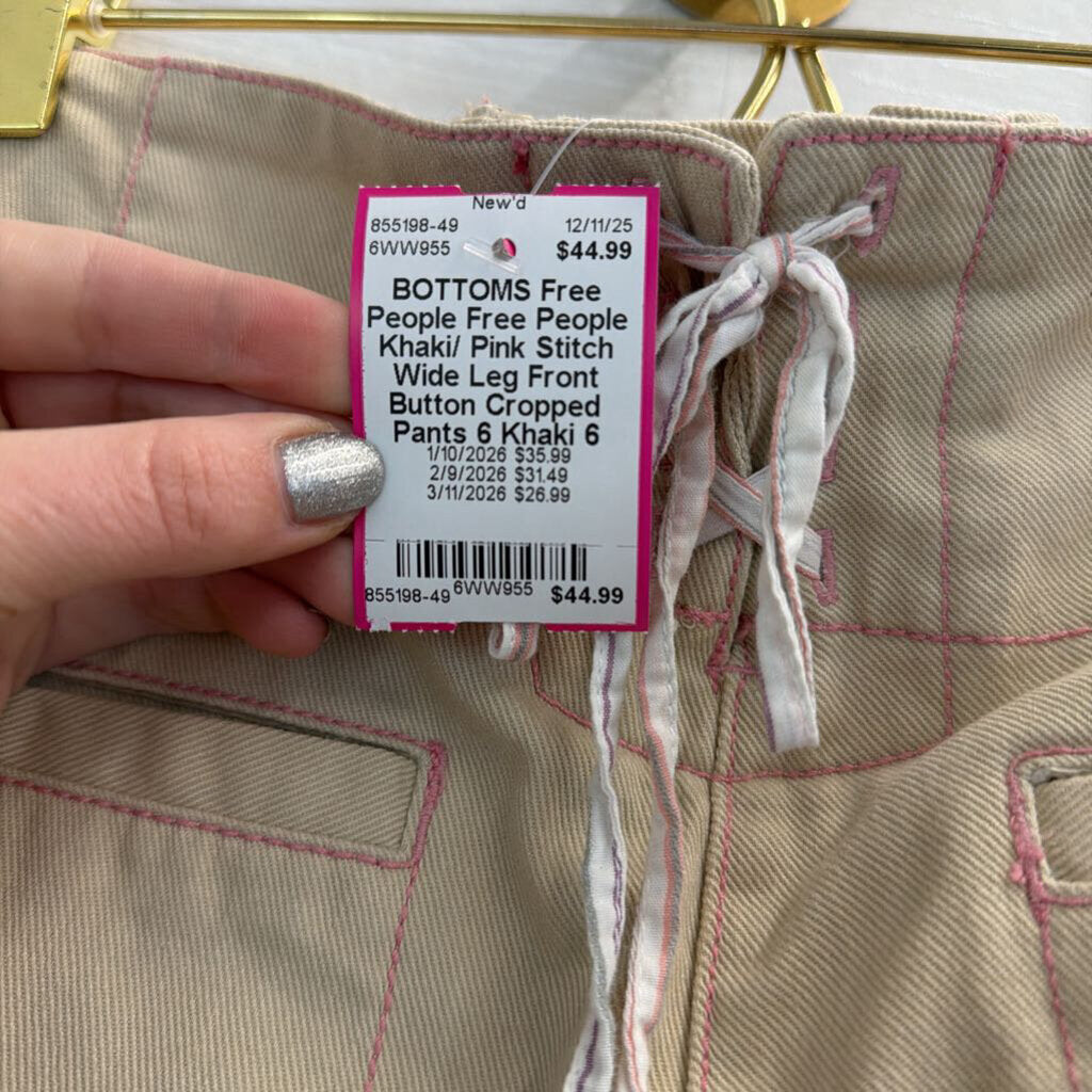 Free People Khaki/ Pink Stitch Wide Leg Front Button Cropped Pants 6