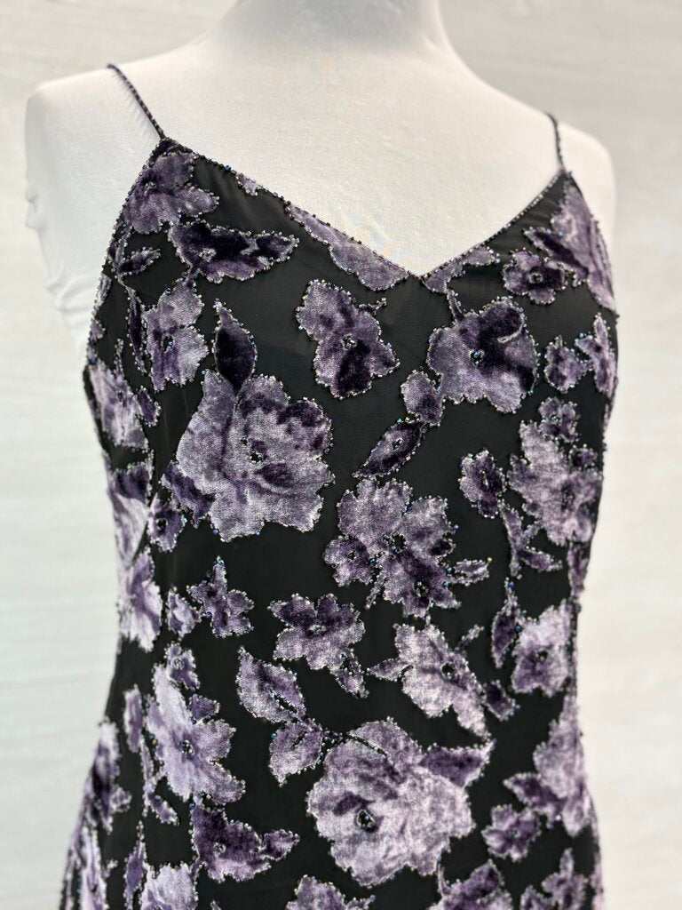 Black/ Purple Velvet Floral Beaded Short Formal Dress Small