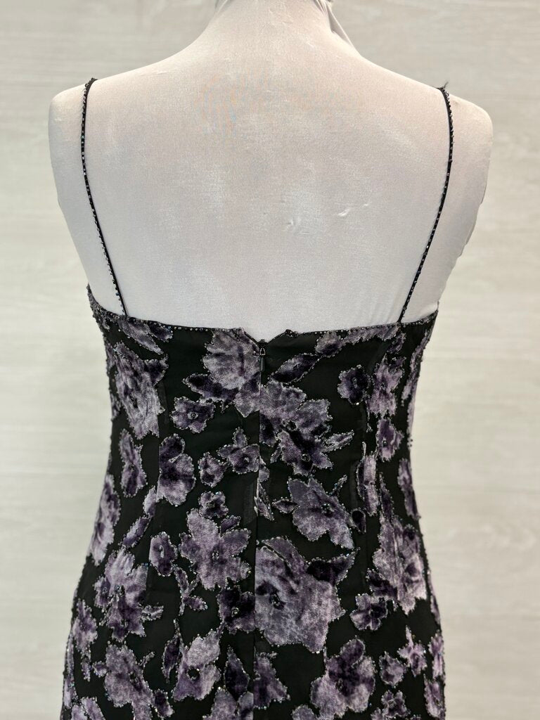 Black/ Purple Velvet Floral Beaded Short Formal Dress Small