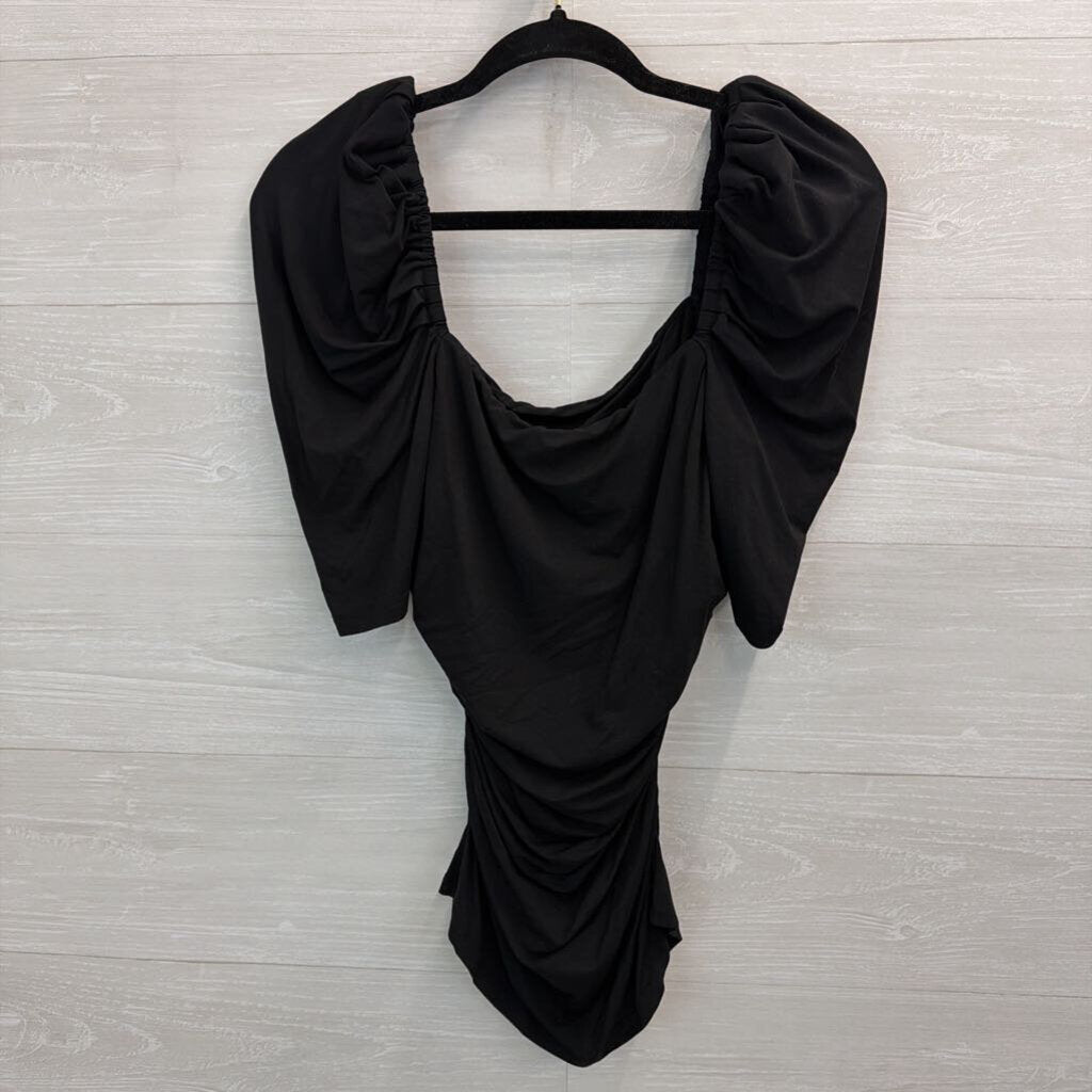 Frame Black Short Puff Sleeve Ruched Top Medium