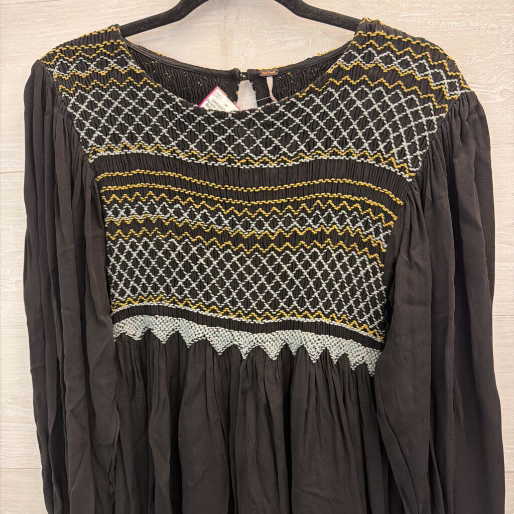 Free People Black/ Grey Late Night Picnic Smocked Embroidered Long Sleeve Dress Medium