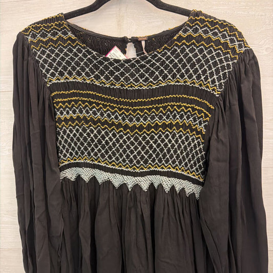 Free People Black/ Grey Late Night Picnic Smocked Embroidered Long Sleeve Dress Medium