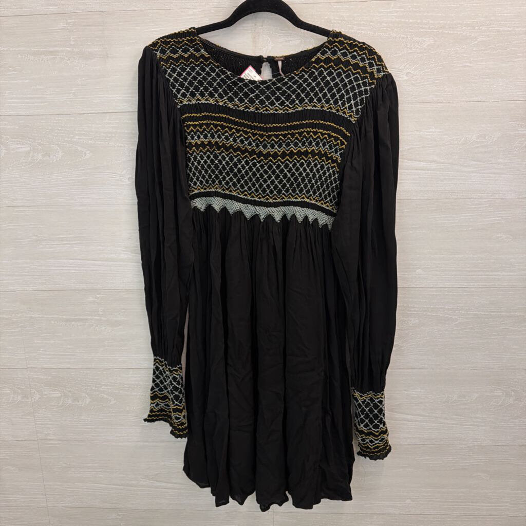Free People Black/ Grey Late Night Picnic Smocked Embroidered Long Sleeve Dress Medium