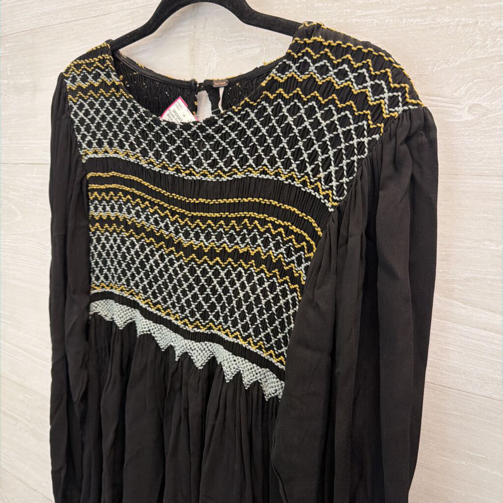 Free People Black/ Grey Late Night Picnic Smocked Embroidered Long Sleeve Dress Medium