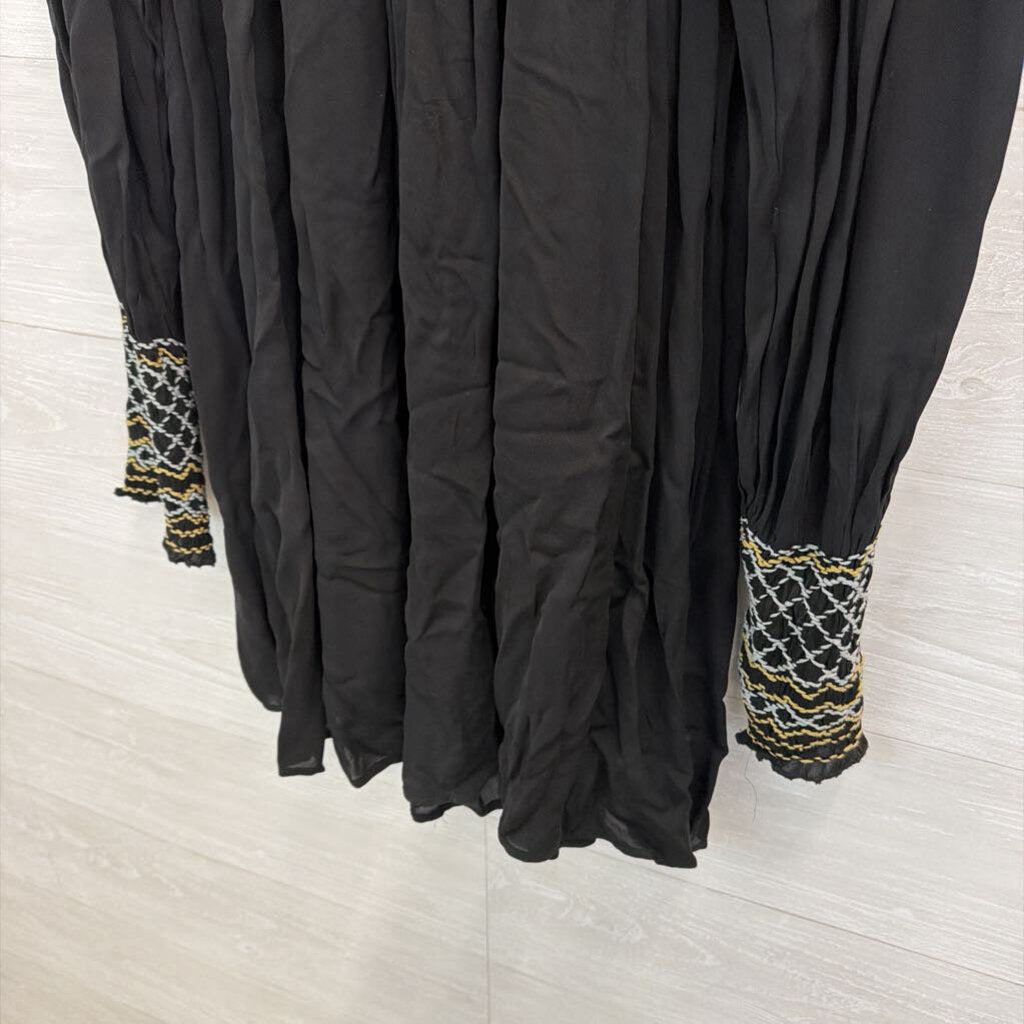 Free People Black/ Grey Late Night Picnic Smocked Embroidered Long Sleeve Dress Medium