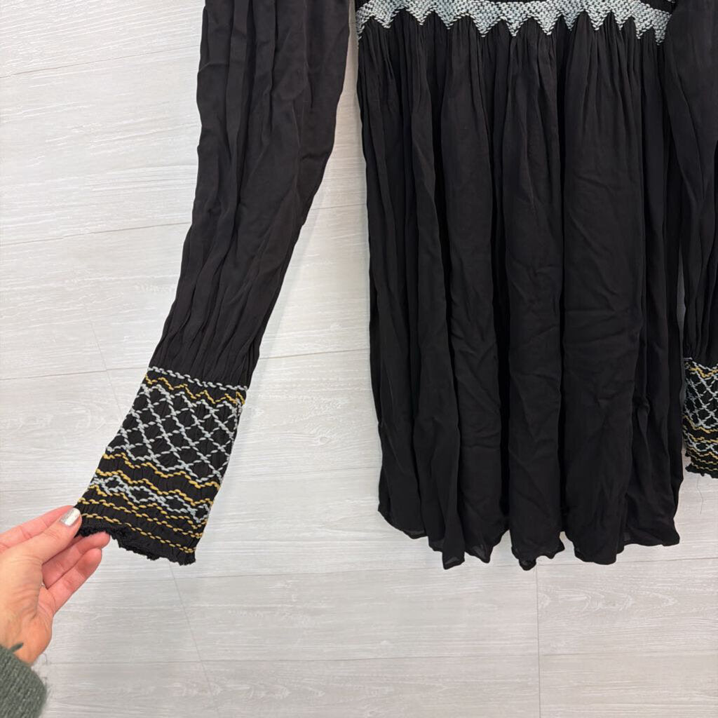 Free People Black/ Grey Late Night Picnic Smocked Embroidered Long Sleeve Dress Medium