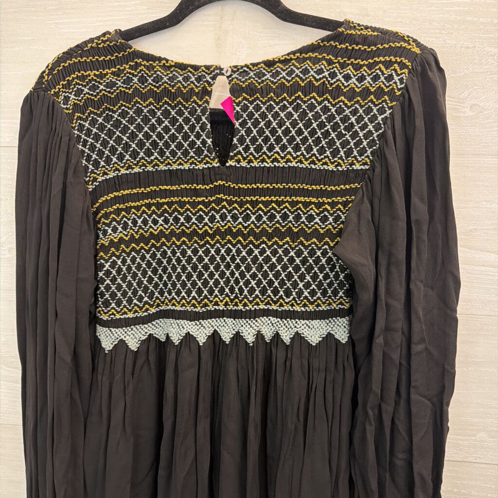 Free People Black/ Grey Late Night Picnic Smocked Embroidered Long Sleeve Dress Medium