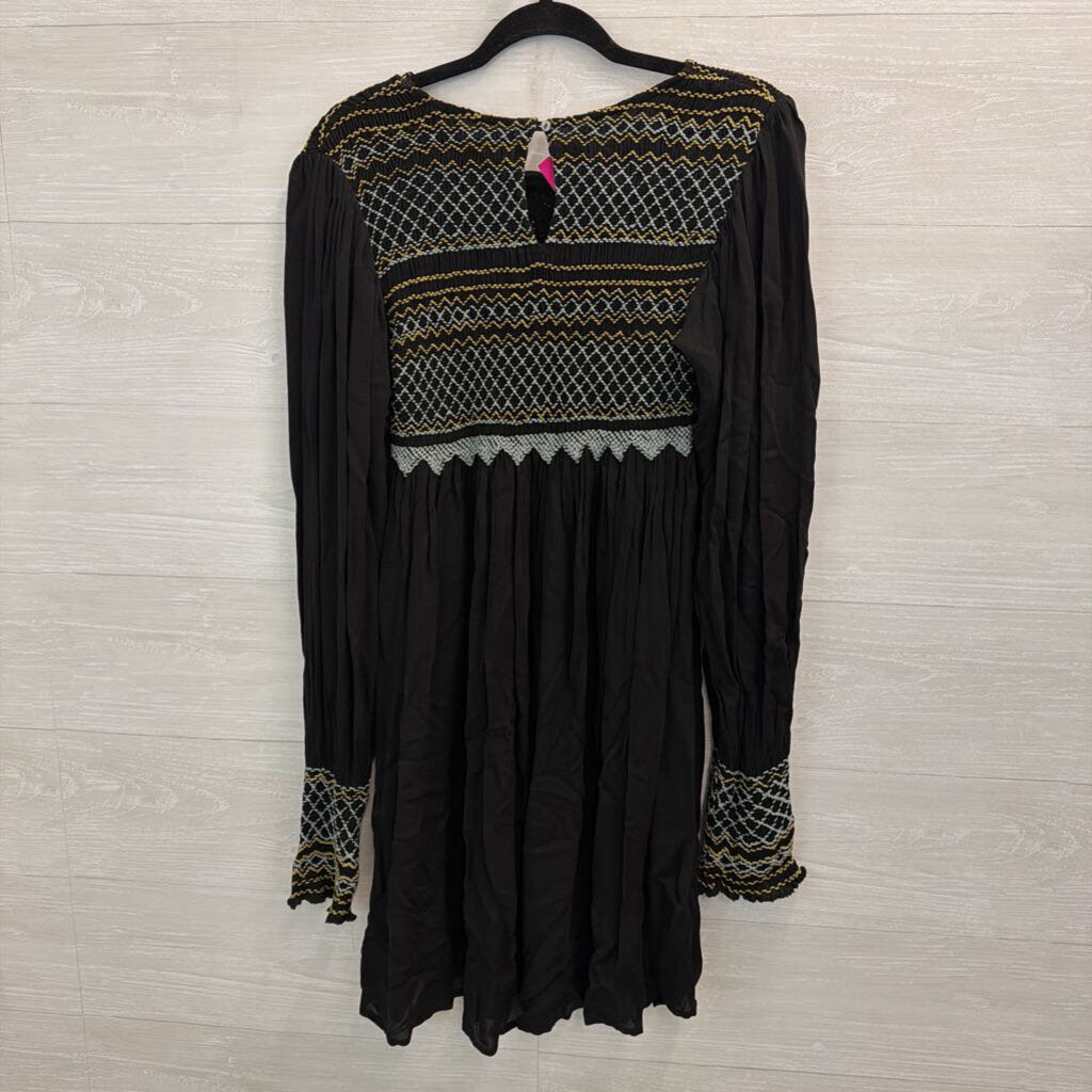 Free People Black/ Grey Late Night Picnic Smocked Embroidered Long Sleeve Dress Medium