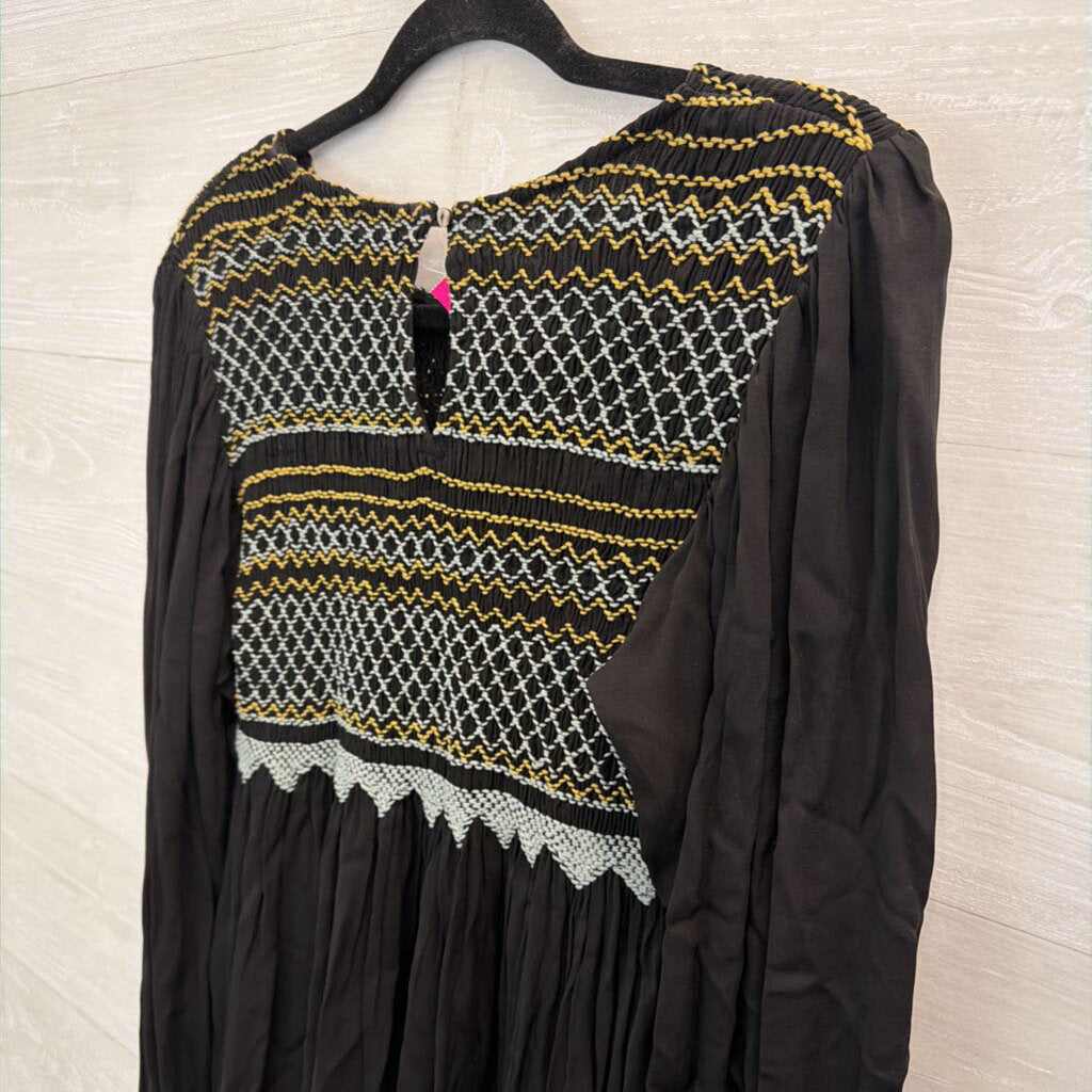 Free People Black/ Grey Late Night Picnic Smocked Embroidered Long Sleeve Dress Medium