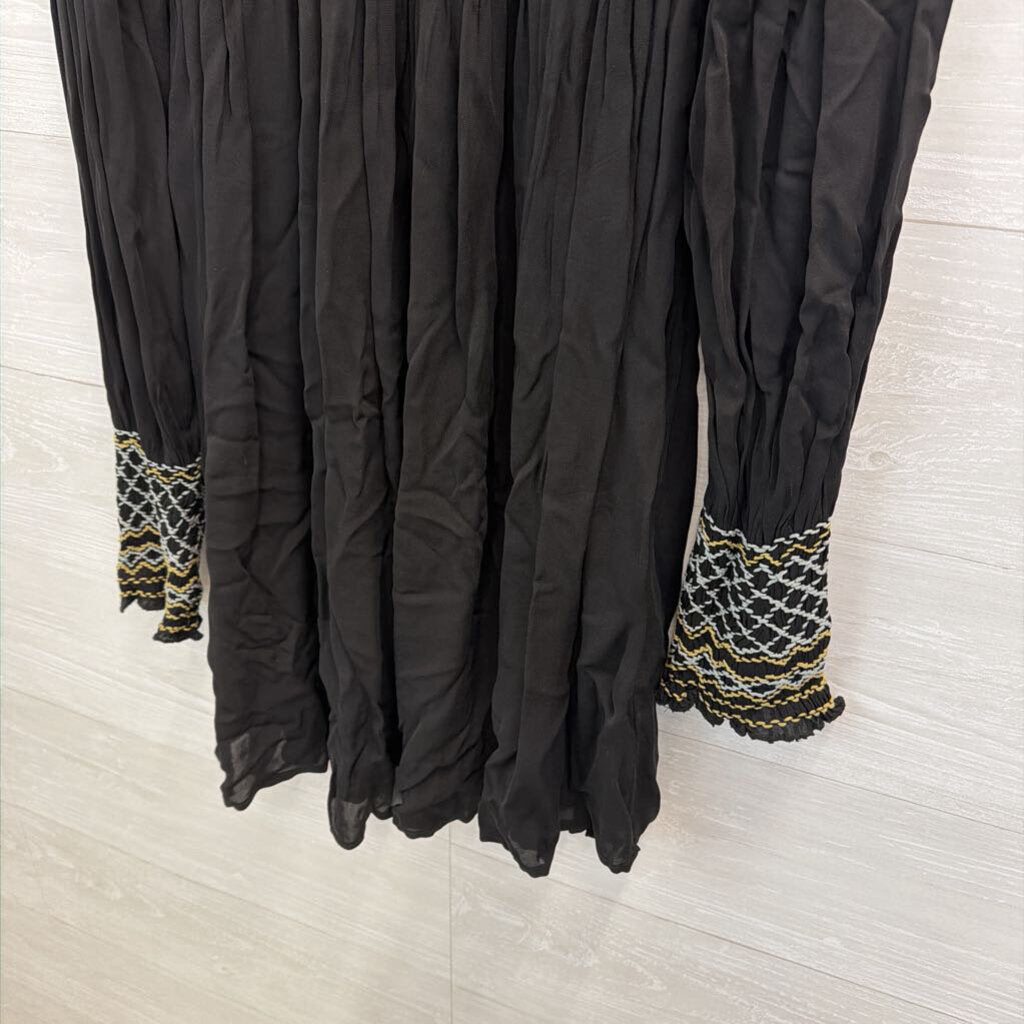 Free People Black/ Grey Late Night Picnic Smocked Embroidered Long Sleeve Dress Medium