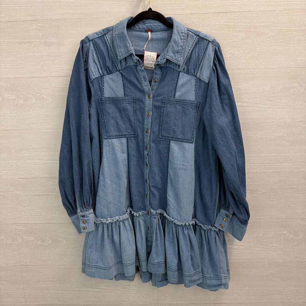 Free People Sunburst Denim Chambray Mini Shirt Dress Medium