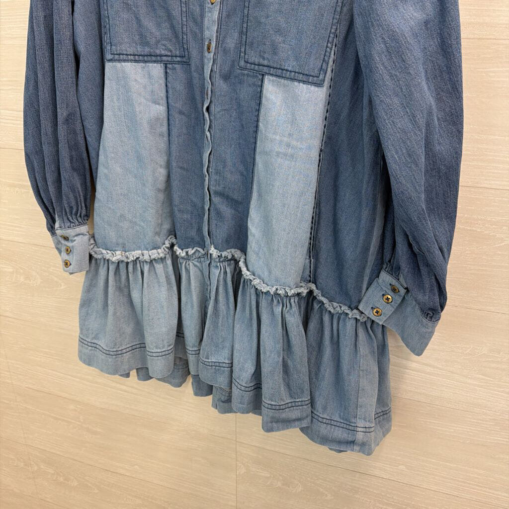 Free People Sunburst Denim Chambray Mini Shirt Dress Medium