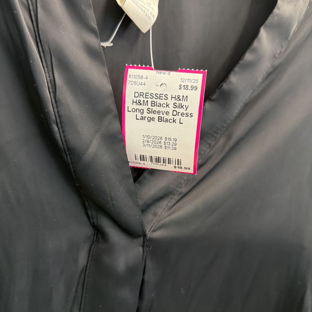 H&M Black Silky Long Sleeve Dress Large