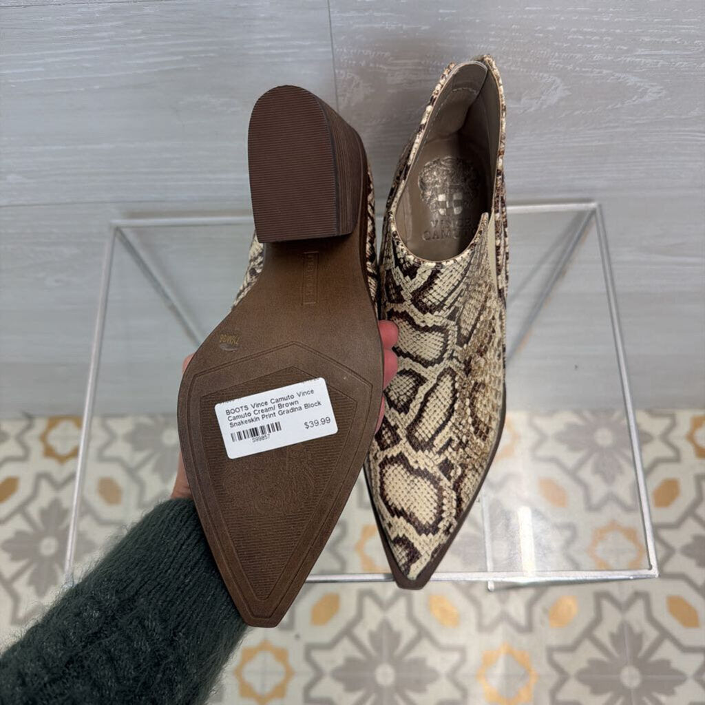 Vince Camuto Cream/ Brown Snakeskin Print Gradina Block Heel Ankle Boots 7.5