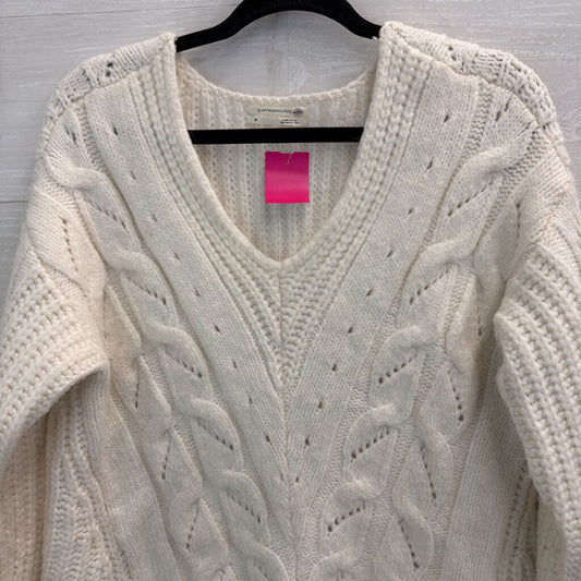 Anthropologie Cream Cable Knit V Neck Cropped Sweater Medium