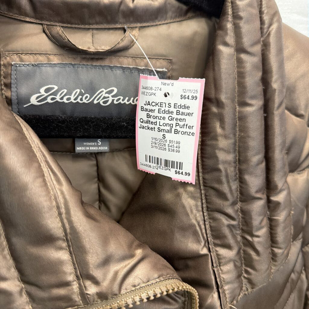 Eddie Bauer Bronze Green Quilted Long Puffer Jacket Small