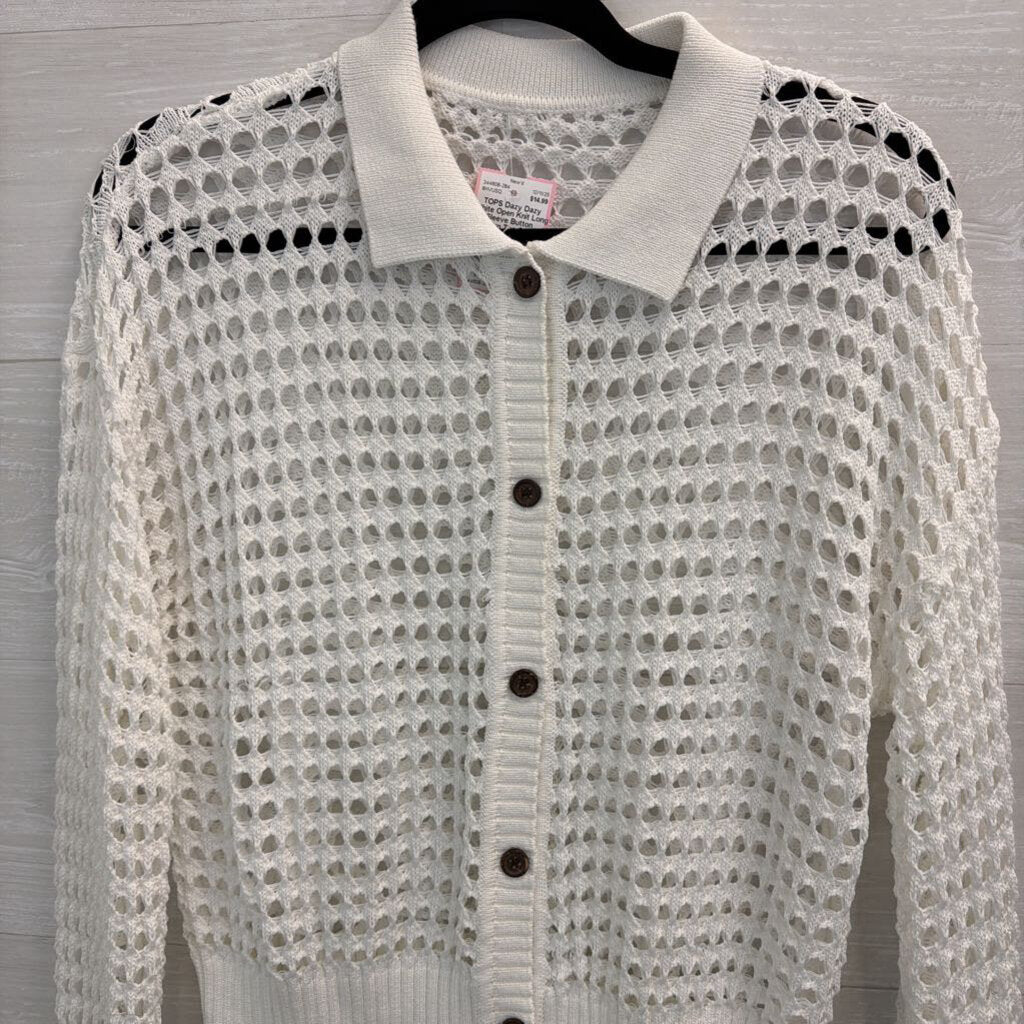 Dazy White Open Knit Long Sleeve Button Down Top Small