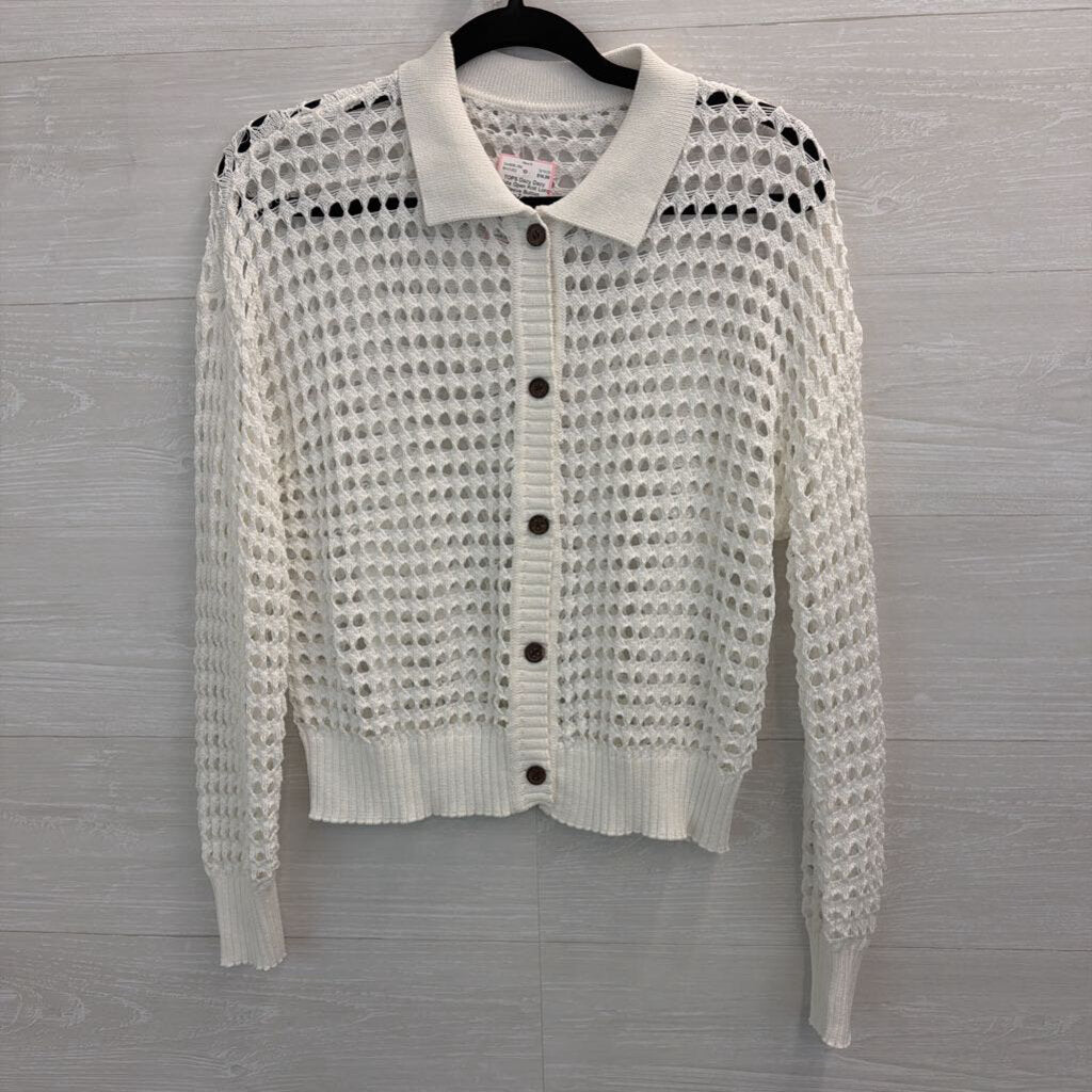 Dazy White Open Knit Long Sleeve Button Down Top Small