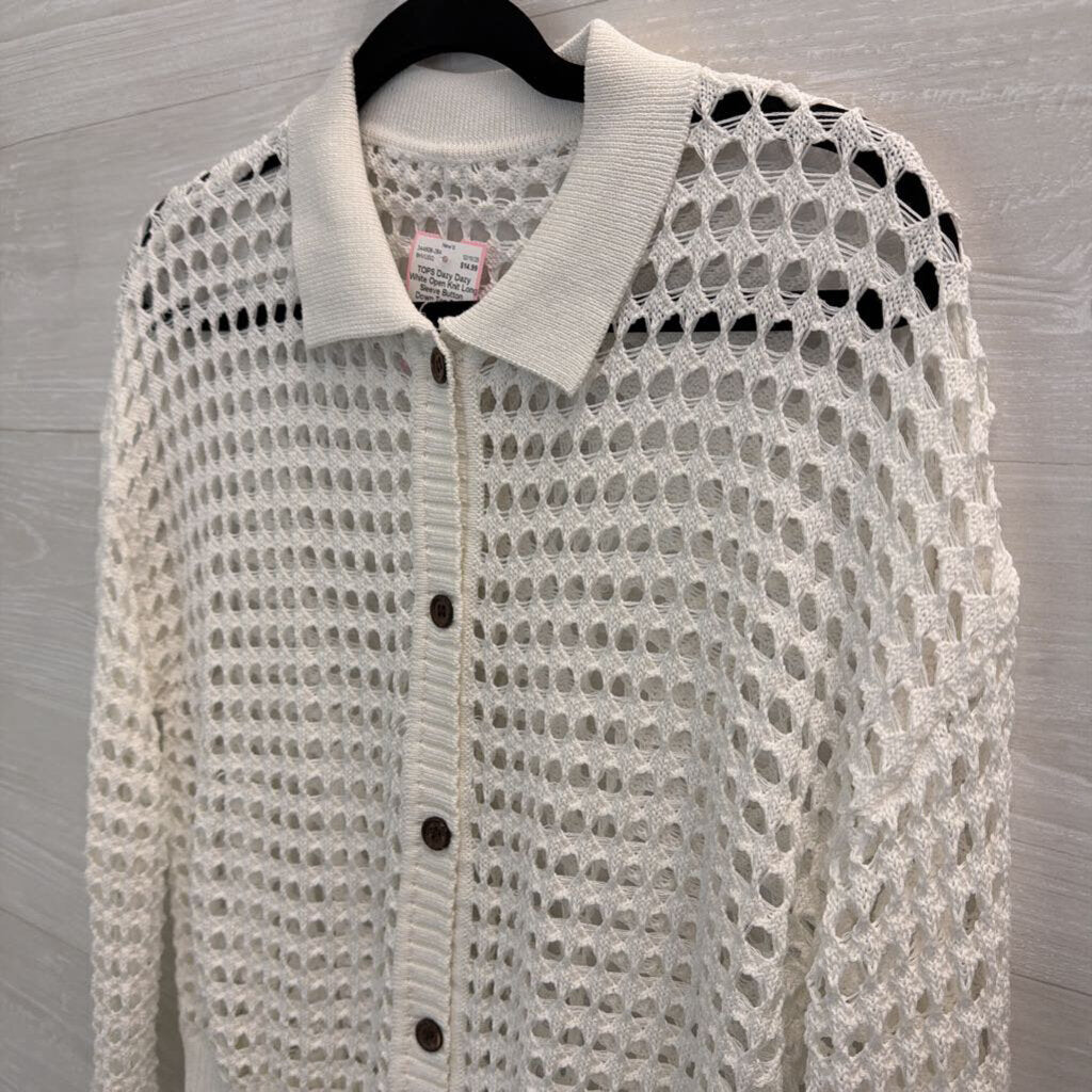 Dazy White Open Knit Long Sleeve Button Down Top Small