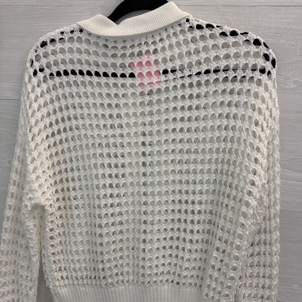 Dazy White Open Knit Long Sleeve Button Down Top Small