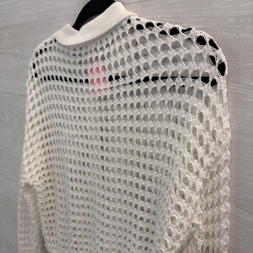 Dazy White Open Knit Long Sleeve Button Down Top Small