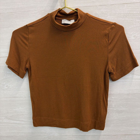 Babaton Brown Ribbed Cropped Mock Neck Short Sleeve Top Small