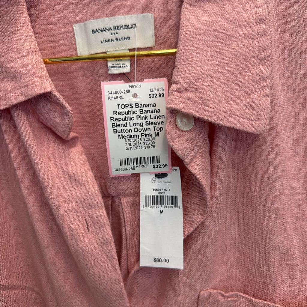Banana Republic Pink Linen Blend Long Sleeve Button Down Top Medium