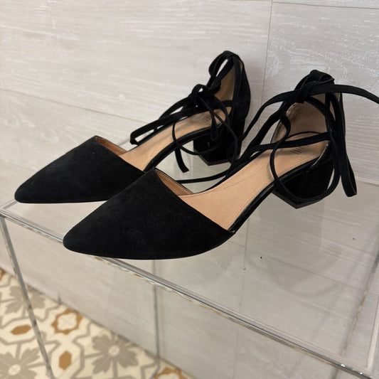 J Jill Black Suede Point Toe Lace Up Strap Kitten Heels 9.5