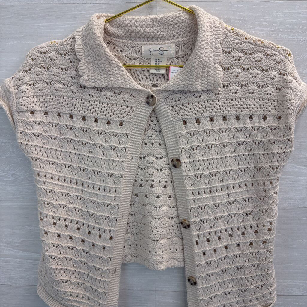 Jessica Simpson Cream Knit Short Sleeve Cropped Cardigan Top Extra Small