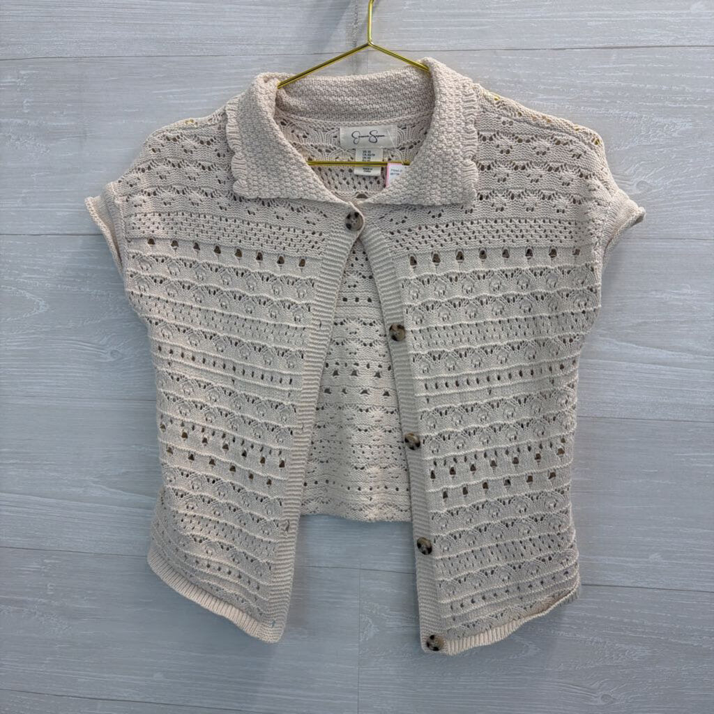 Jessica Simpson Cream Knit Short Sleeve Cropped Cardigan Top Extra Small