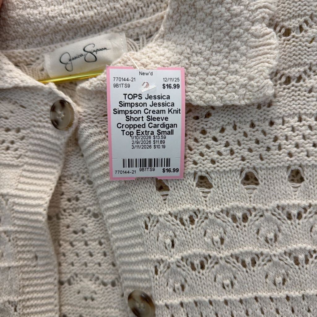 Jessica Simpson Cream Knit Short Sleeve Cropped Cardigan Top Extra Small