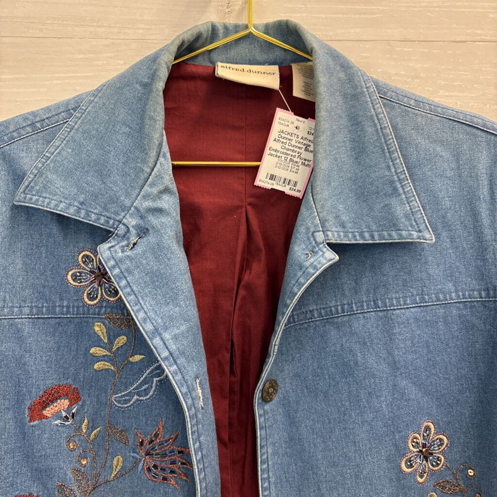Vintage Alfred Dunner Blue Chambray Embroidered Flower Jacket 12