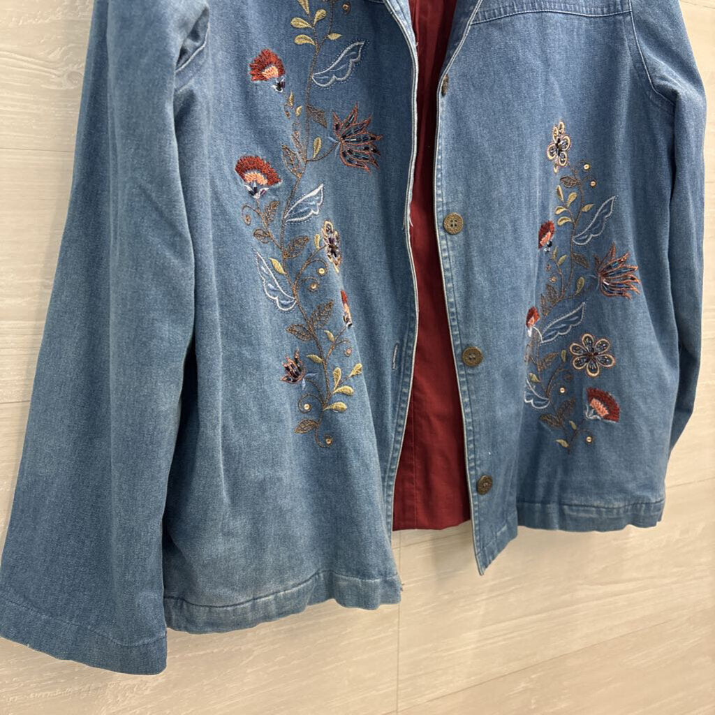 Vintage Alfred Dunner Blue Chambray Embroidered Flower Jacket 12