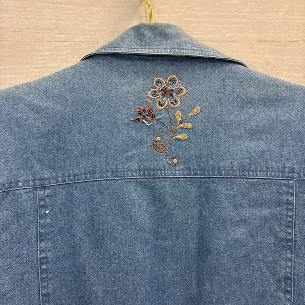 Vintage Alfred Dunner Blue Chambray Embroidered Flower Jacket 12