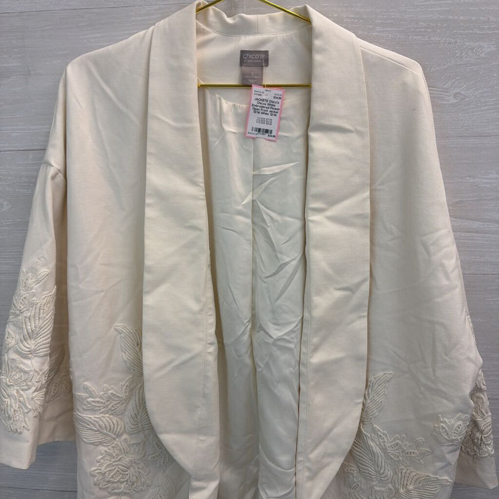 Chicos White Embroidered Flower Open Front Jacket 12/14