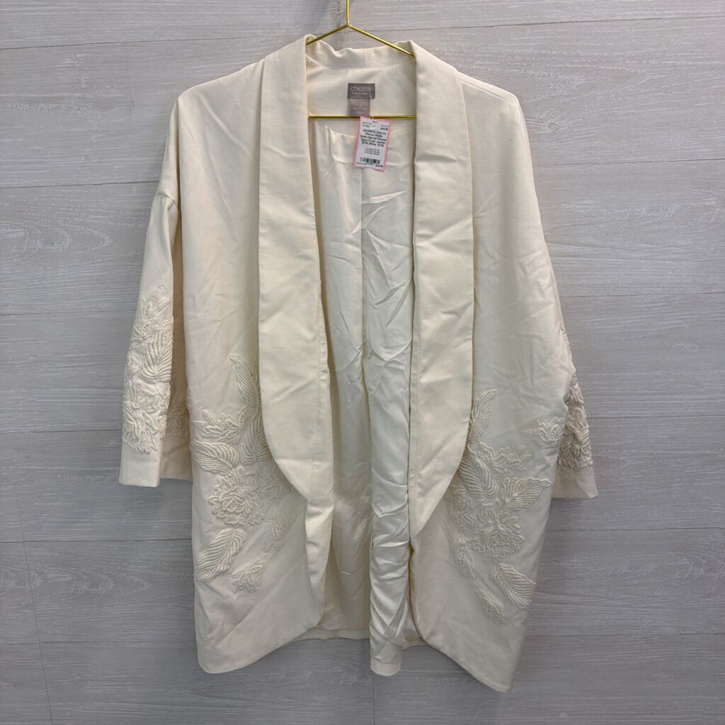 Chicos White Embroidered Flower Open Front Jacket 12/14