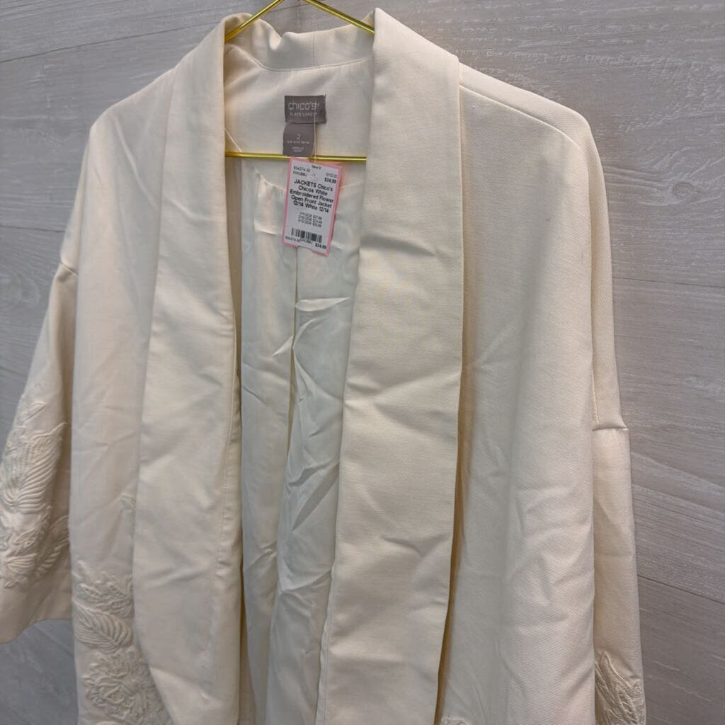 Chicos White Embroidered Flower Open Front Jacket 12/14