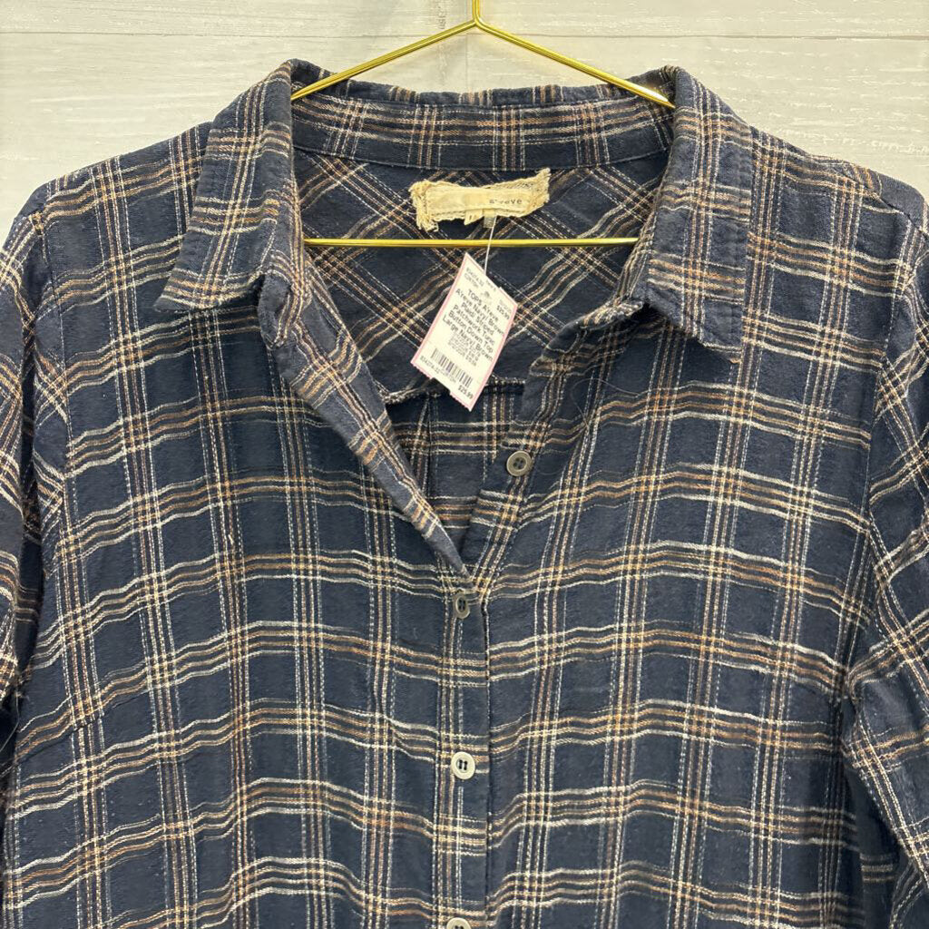 A'reve Navy/ Brown Plaid/ Striped Patchwork Tunic Button Down Top Large