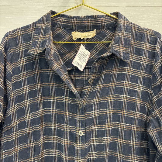 A'reve Navy/ Brown Plaid/ Striped Patchwork Tunic Button Down Top Large