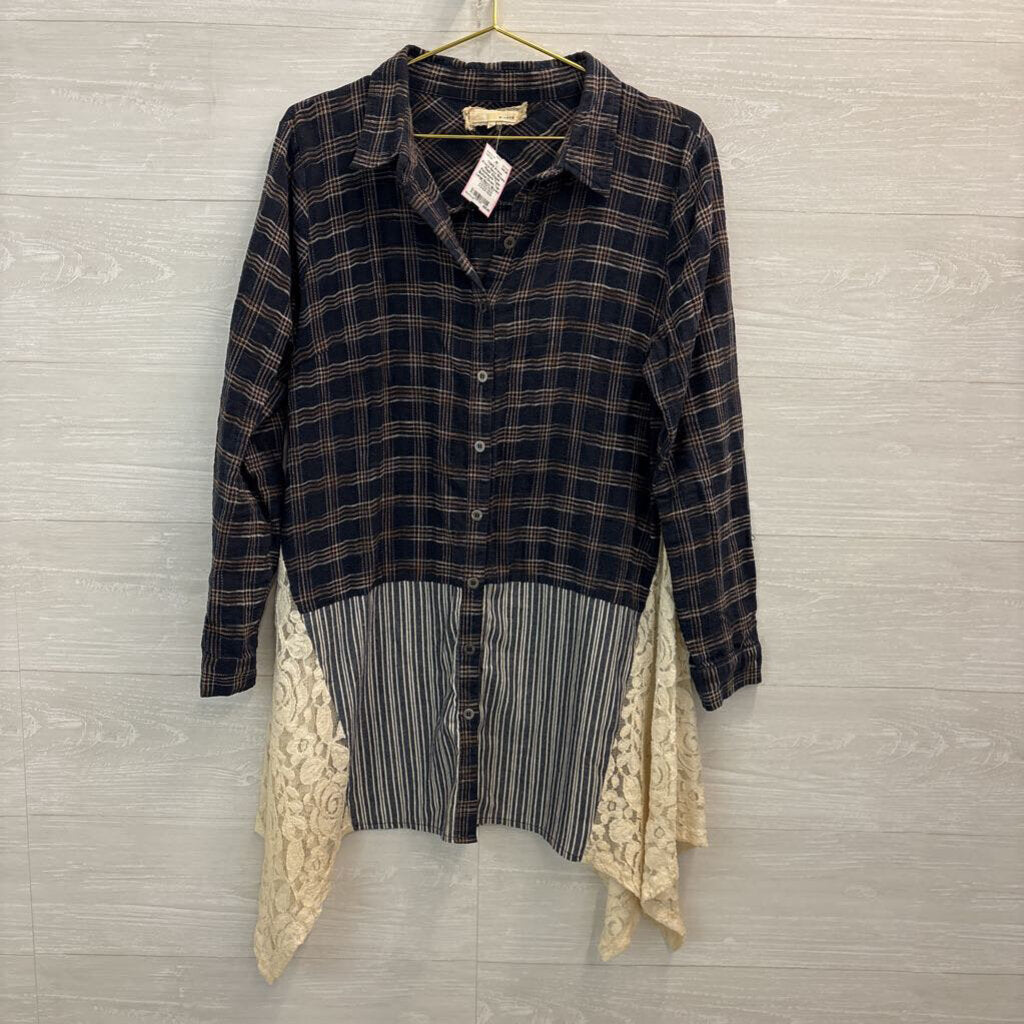 A'reve Navy/ Brown Plaid/ Striped Patchwork Tunic Button Down Top Large